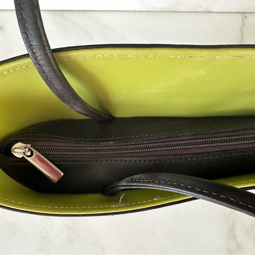 Tiffany & Fred Paris Dark Brown Leather Tote Bag Green Interior - Picture 9 of 12